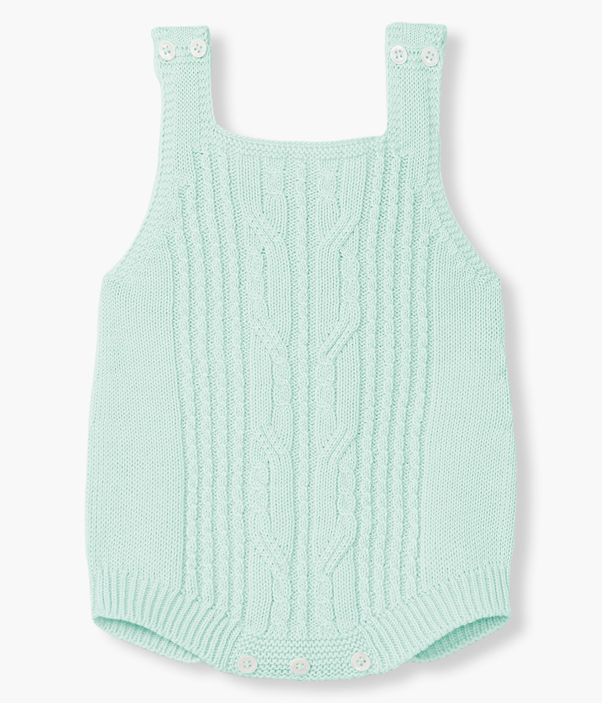 Vista de frente do fofo de alças em malha de algodão orgânico verde-água da Wedoble para bebé e recém-nascido(a). Suave e delicada malha com detalhes entrelaçados na frente. Abertura nas alças e entrepernas.