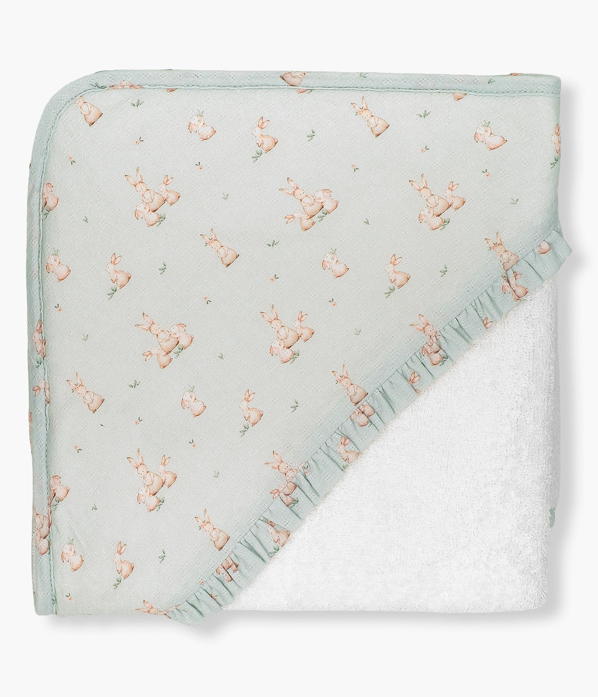 Toalha de banho da Mighty Love para bebé menina e recém-nascida, 100% algodão. Delicada toalha de banho com absorvente turco branco com carapuço no canto e rebordo verde com padrão coelhos.