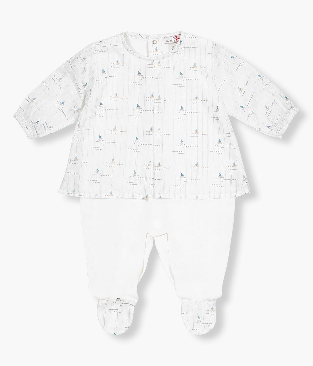 Vista de frente do abygrow em algodão da Mighty Love para bebé e recém-nascido(a). Túnica e pés com padrão barcos e pormenores brilhantes no tecido. Parte inferior em tecido branco liso.