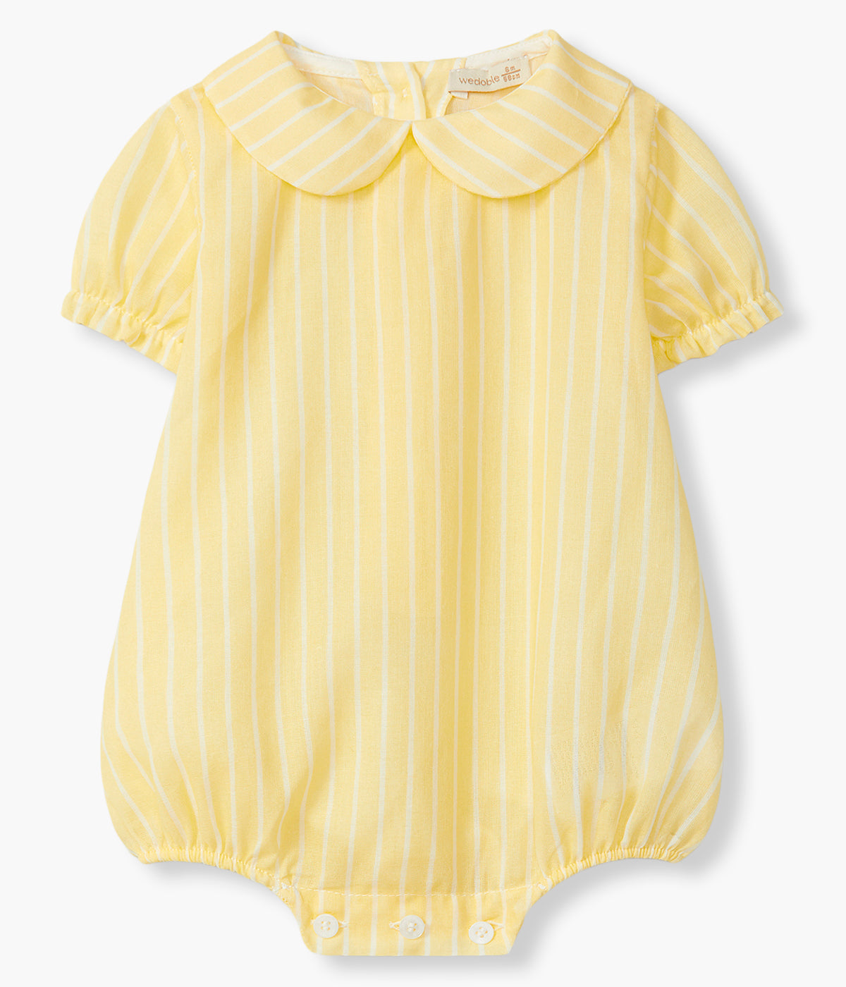 Vista de frente do fofo da Wedoble amarelo para bebé e recém-nascido(a), 100% algodão. Suave fofo com gola redonda cortada e padrão riscas brancas. Abertura nas costas e entrepernas.