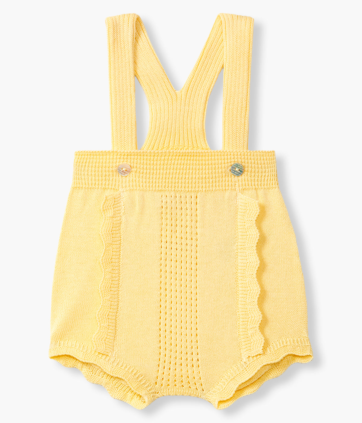 Vista de frente do fofo em malha de algodão orgânico amarelo da Wedoble para bebé e recém-nascido(a). Delicado fofo de alças com folho na frente e detalhes perfurados.