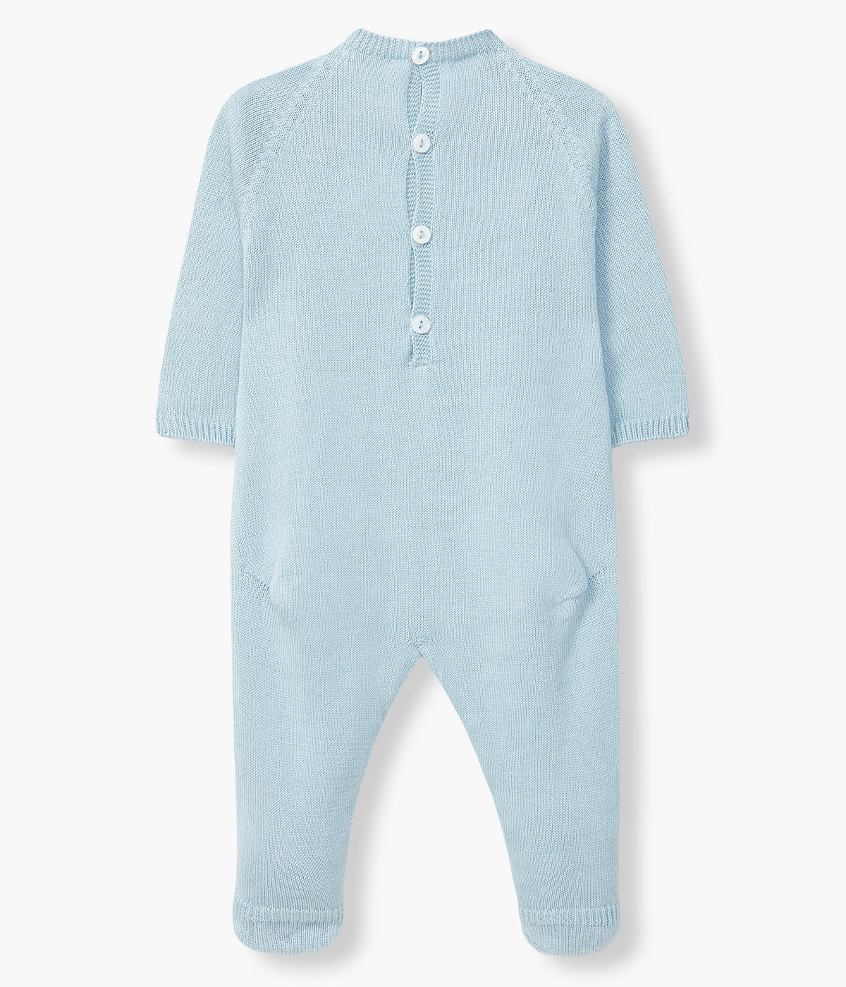 Vista de costas do babygrow em malha de algodão orgânico azul sem pés da Wedoble para bebé e recém-nascido(a). Delicada malha com detalhes entrelaçados. Aberturas nas costas e entrepernas.
