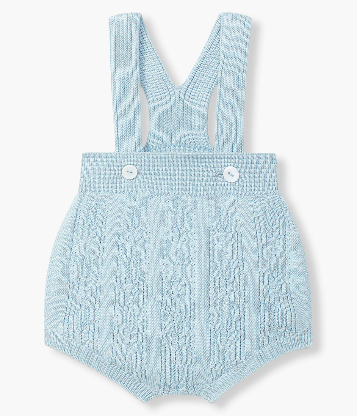 Vista de frente do fofo em malha de algodão orgânico azul da Wedoble para bebé e recém-nascido(a). Delicado fofo de alças com detalhes entrelaçados. Abertura nas alças.