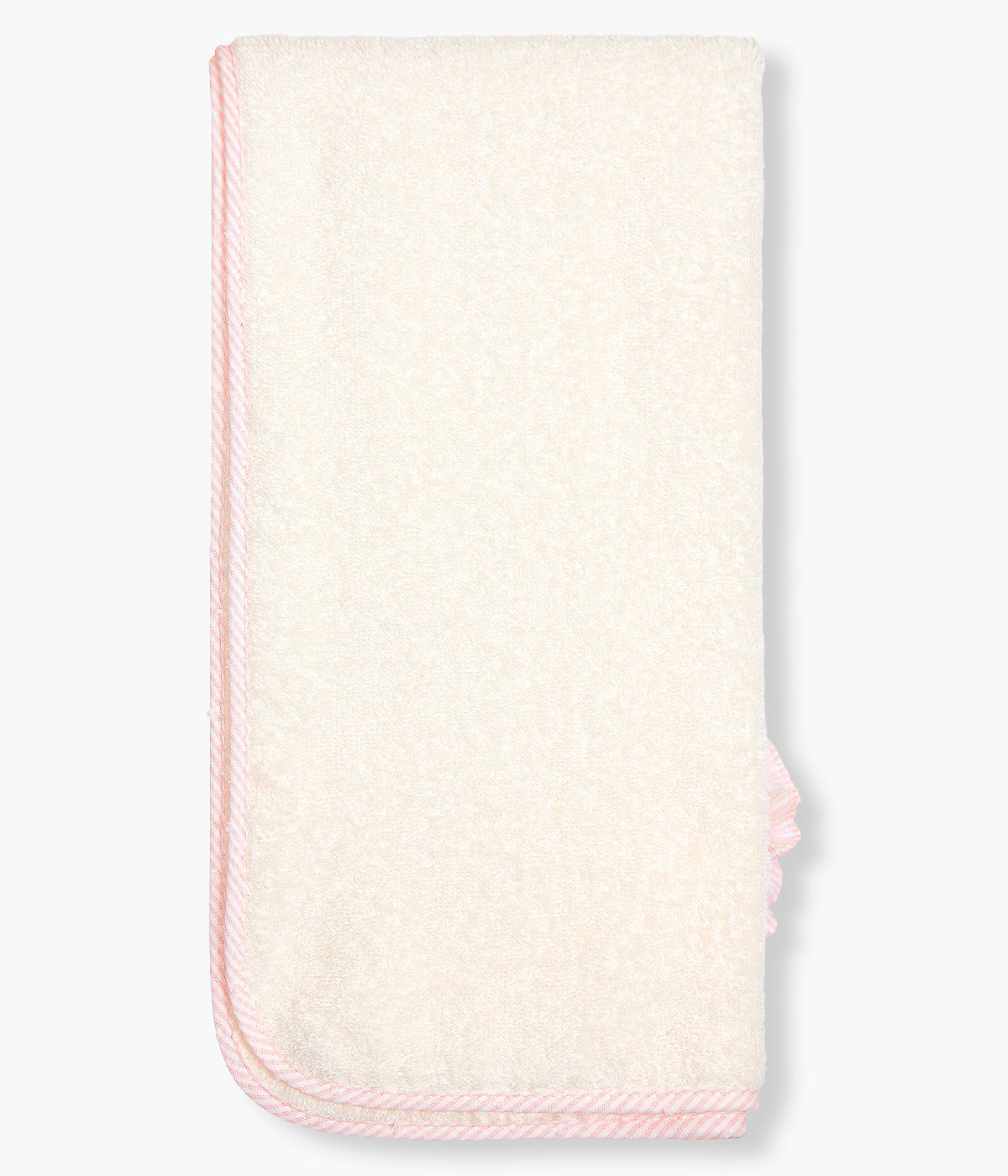 Vista de costas da toalha de banho da Baby Gi para bebé menina e recém-nascida, 100% algodão. Suave e absorvente toalha em turco pérola com carapuço no canto, folho e rebordo em tecido com padrão riscas. Delicado guizo bordado.