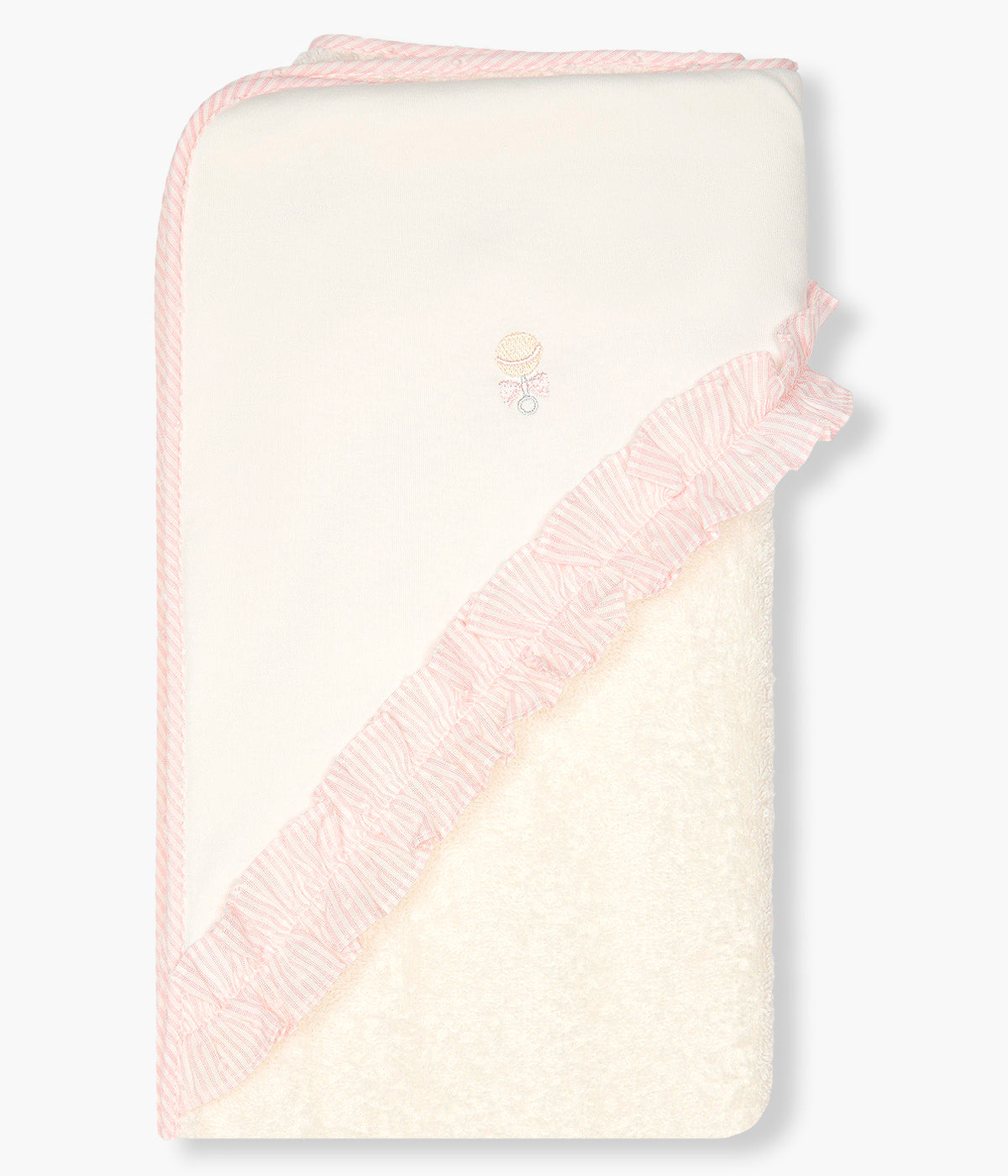 Vista de frente da toalha de banho da Baby Gi para bebé menina e recém-nascida, 100% algodão. Suave e absorvente toalha em turco pérola com carapuço no canto, folho e rebordo em tecido com padrão riscas. Delicado guizo bordado.