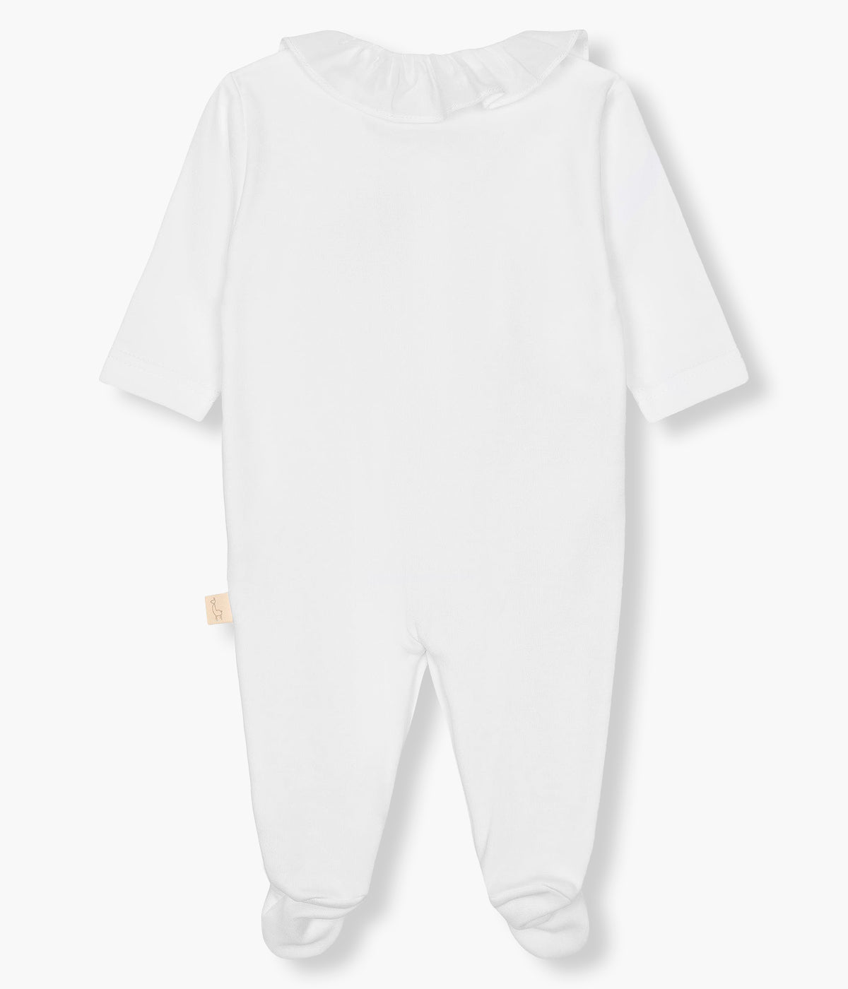 Vista de costas do babygrow em algodão branco da Baby Gi para bebé menina e recém-nascida. Gola folho e abertura com picueta em rosa. Cavalo bordado no peito. Abertura com molas de pressão na frente e entrepernas.