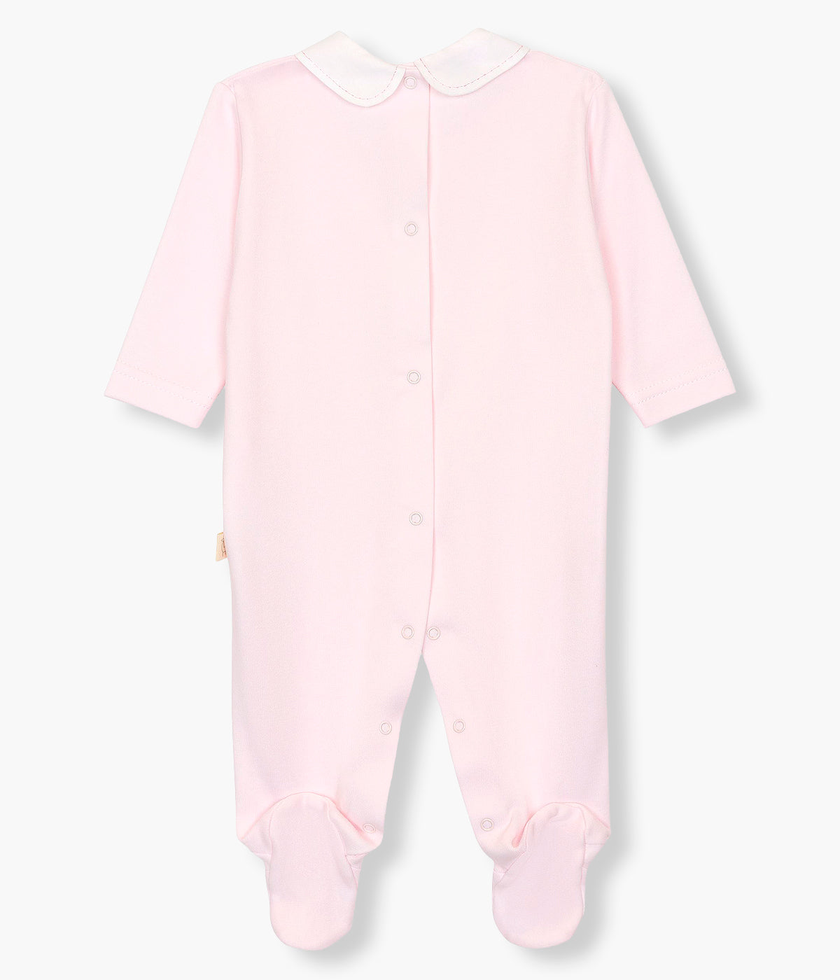 Vista de costas do babygrow em algodão rosa da Baby Gi para bebé menina e recém-nascida. Gola redonda cortada e cavalo bordado no peito. Abertura com molas de pressão nas costas e entrepernas.