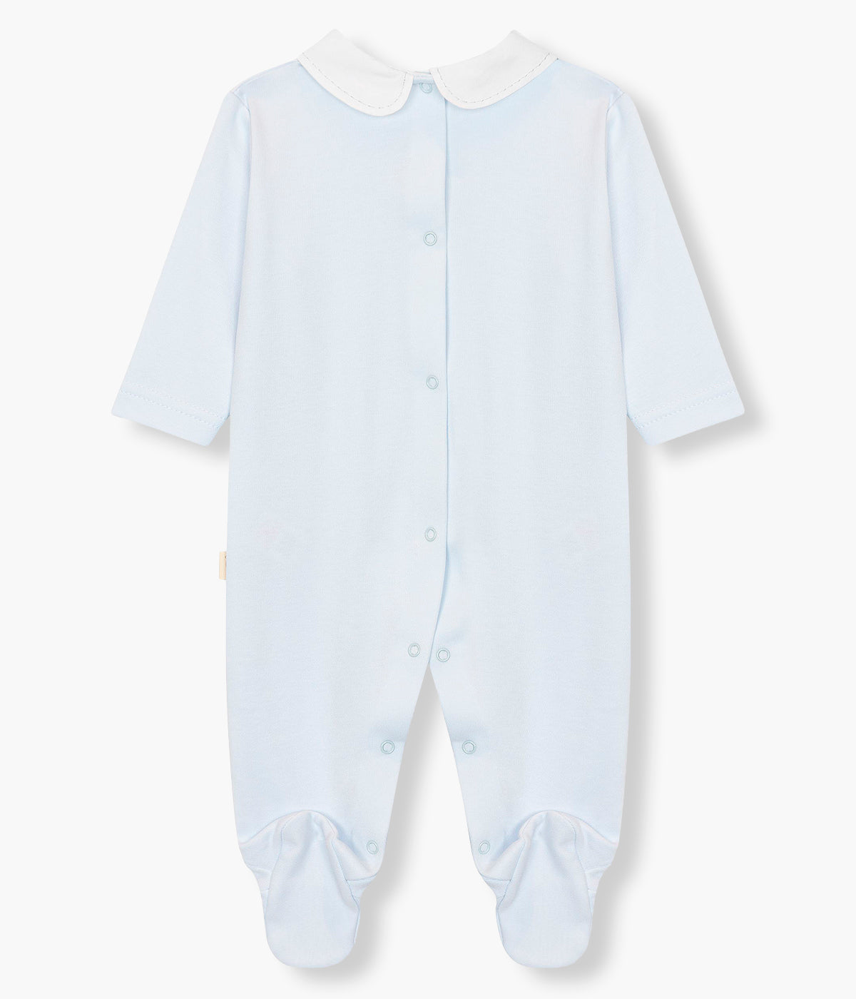 Visyta de costas do babygrow em algodão azul da Baby Gi para bebé menino e recém-nascido. Gola redonda cortada e cavalo bordado no peito. Abertura com molas de pressão nas costas e entrepernas.