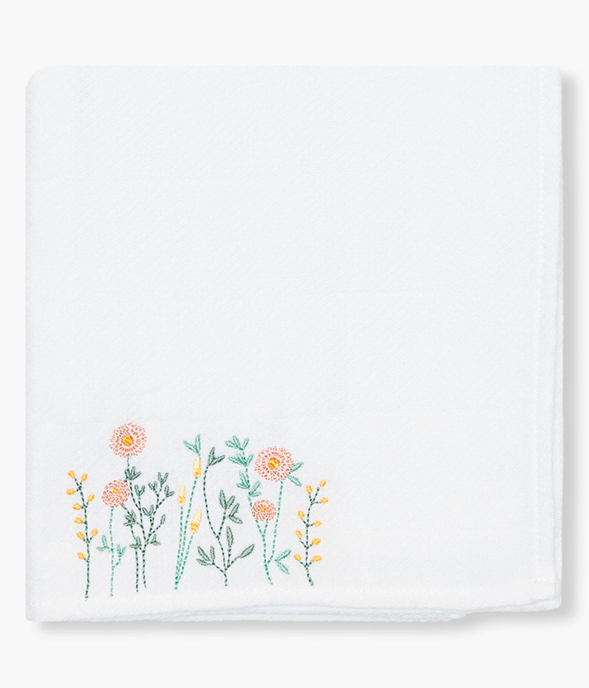 Vista de frente da fralda musselina branca da Baby Gi para bebé menina e recém-nascida, 100% algodão. Delicada musselina com flores bordadas no canto.