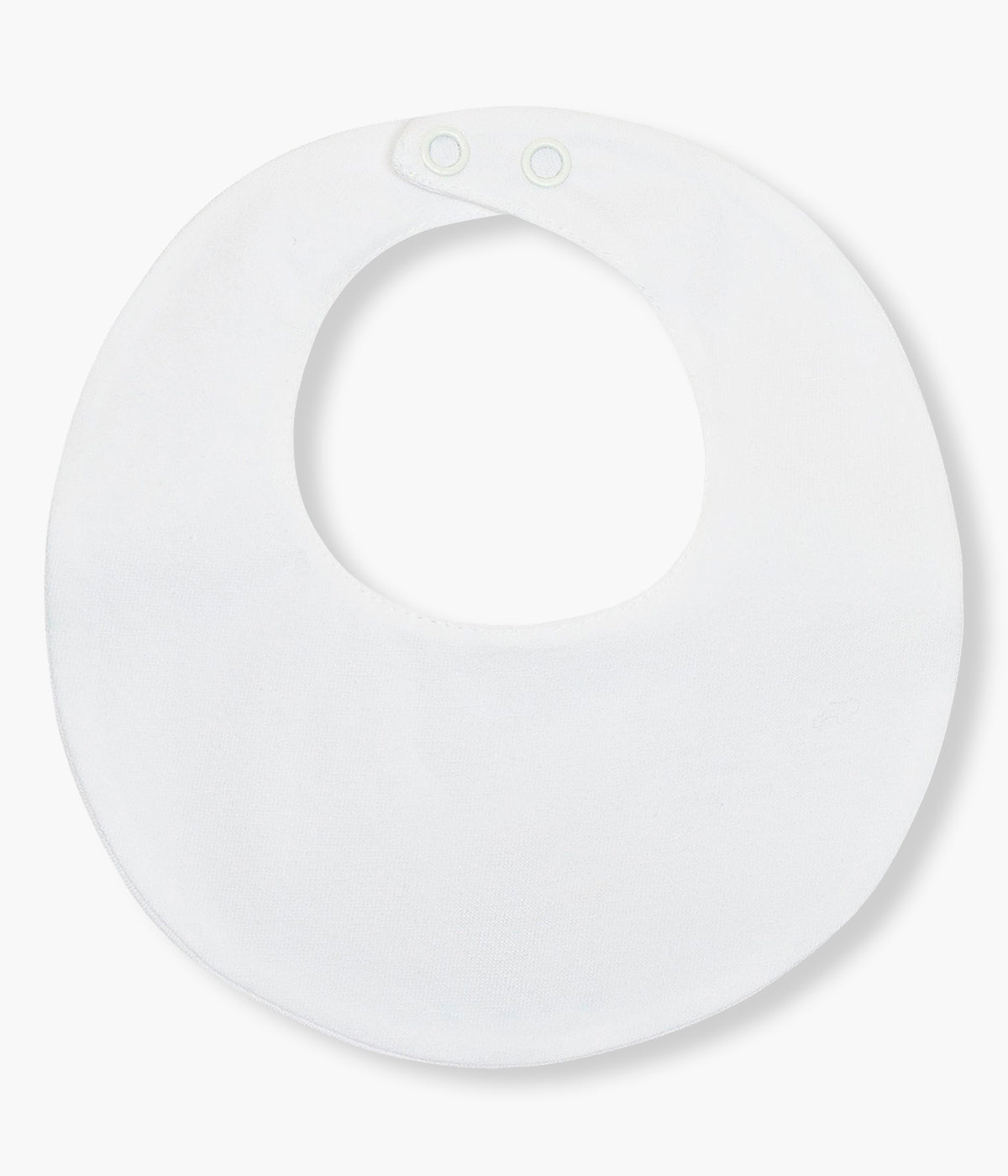 Vista de trás da babete impermeável branca da Baby Gi para bebé menina e recém-nascida. Elegante babete de formato redondo com parte frontal em linho com bordado de flores.