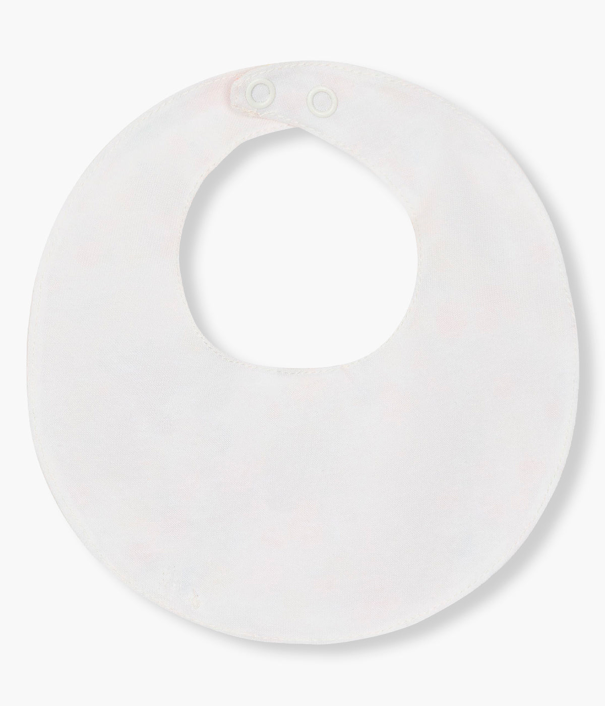 Vista de costas da babete impermeável pérola da Baby Gi para bebé menina e recém-nascida, 100% algodão. Elegante babete de formato redondo com laço e padrão frutas coloridas.