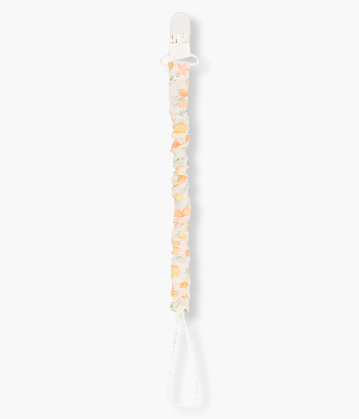 Vista de frente do prende chupetas da Baby Gi para bebé menina e recém-nascida, 100% algodão. Leve e prático prende chupetas pérola com padrão frutas coloridas. Fita e clip em branco.