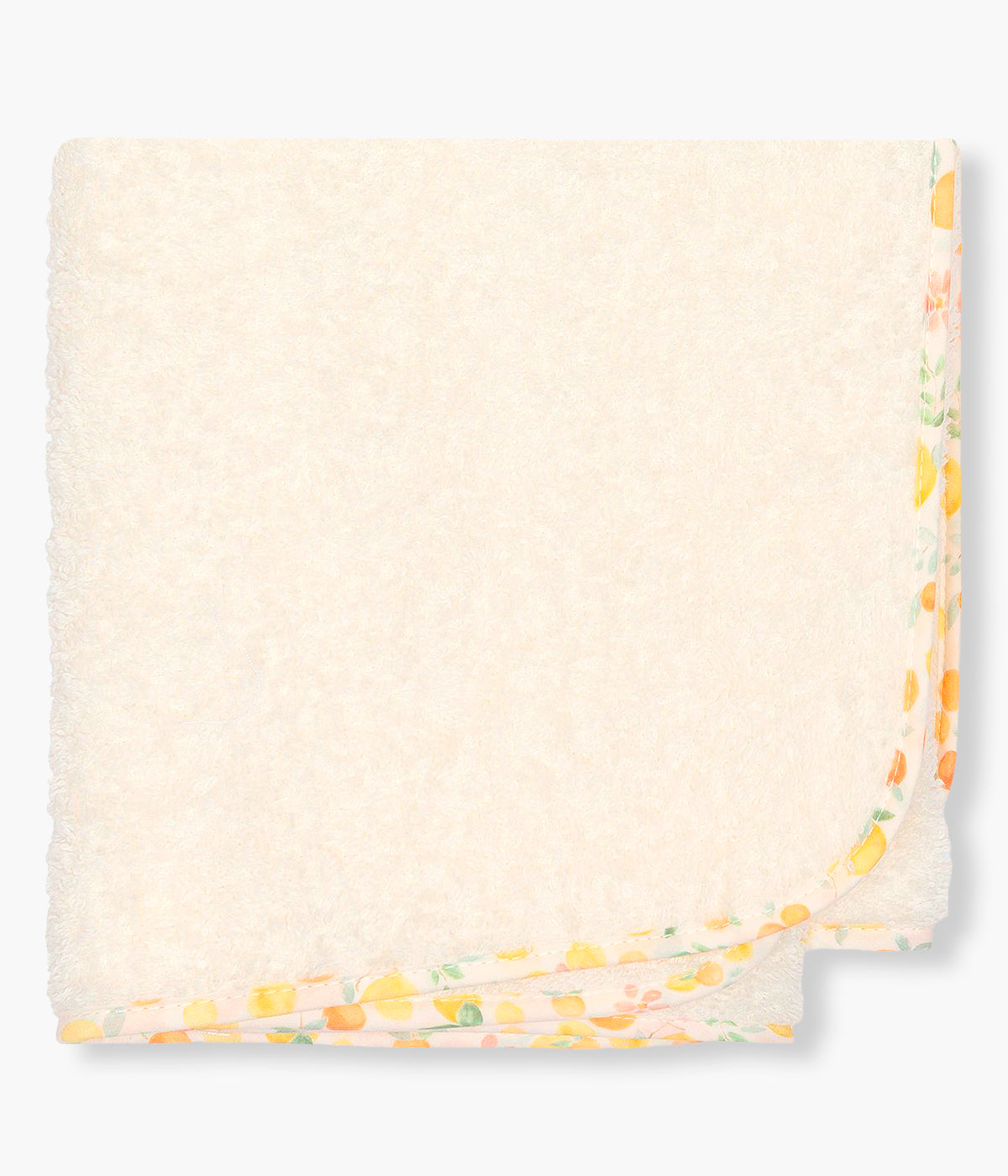 Vista de trás da toalha de banho da Baby Gi para bebé menina e recém-nascida, 100% algodão. Suave e absorvente toalha em turco pérola com carapuço no canto, laço e rebordo em tecido com padrão frutas coloridas.