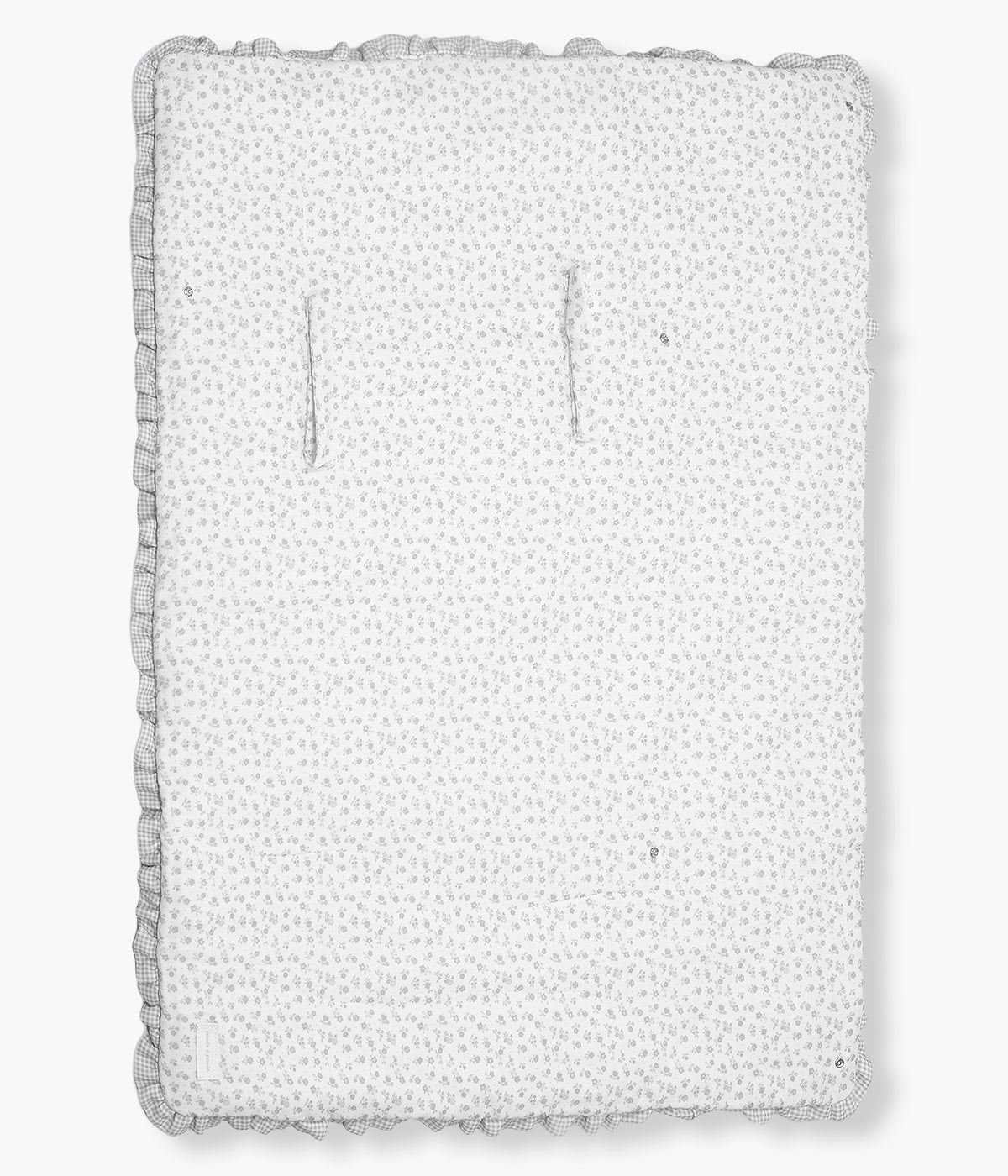 Vista aberto do saco manta Pasito a Pasito Little Bloom Flowers com clássico padrão floral em tons cinza. Feito em musselina de algodão e com um TOG de 2.5, este saco manta é ideal para a pele delicada do(a) recém-nascido(a). Possui um design funcional permitindo ser utilizado como ninho ou como manta de berço, acompanhando o crescimento e as diferentes necessidades do bebé.