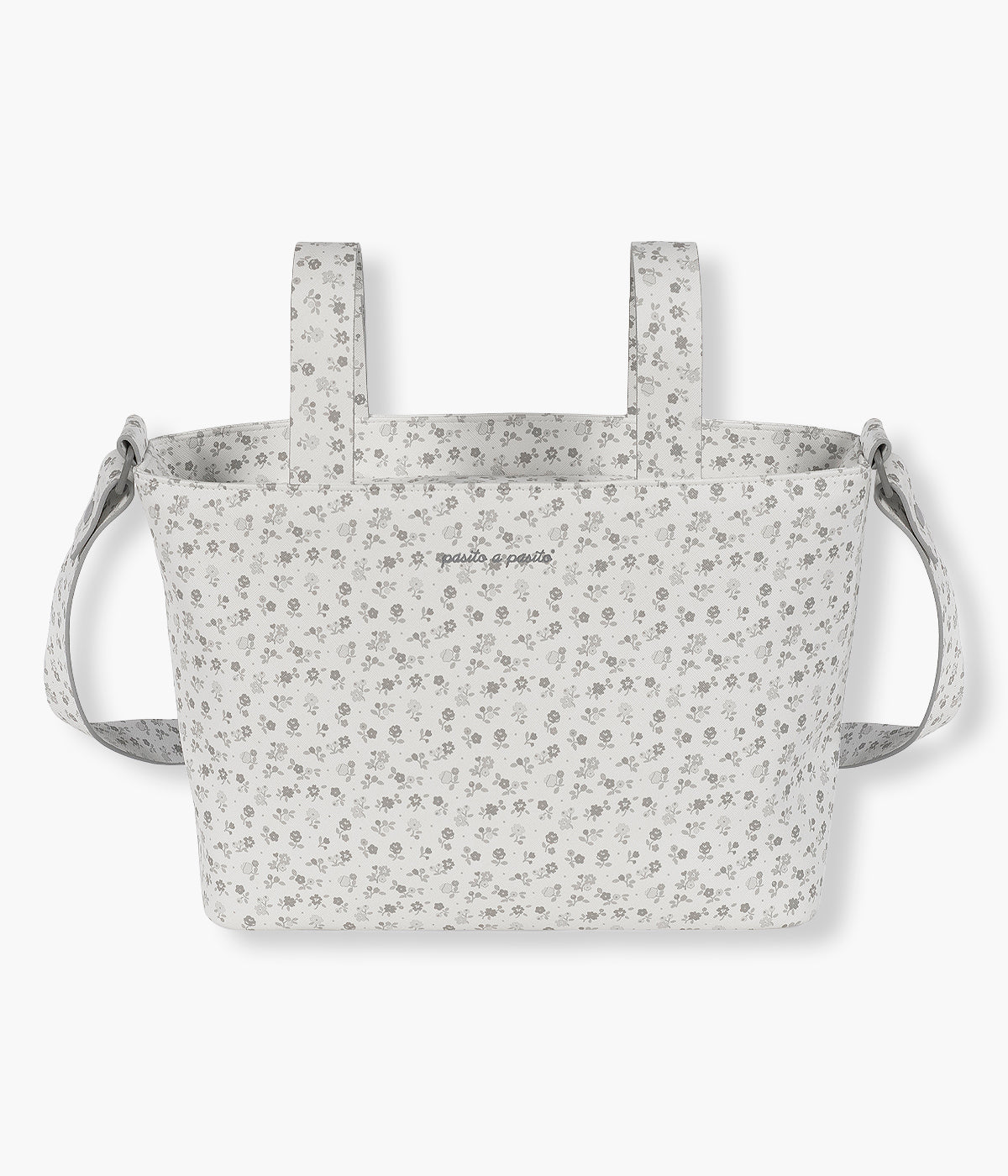 Vista de frente da bolsa de passeio Little Bloom Flowers da Pasito a Pasito. Leve, elegante e muito prática para os passeios com a bebé, esta bolsa em polipele vegana com padrão floral oferece grande capacidade, vários bolsos organizadores e um compartimento térmico para biberões.