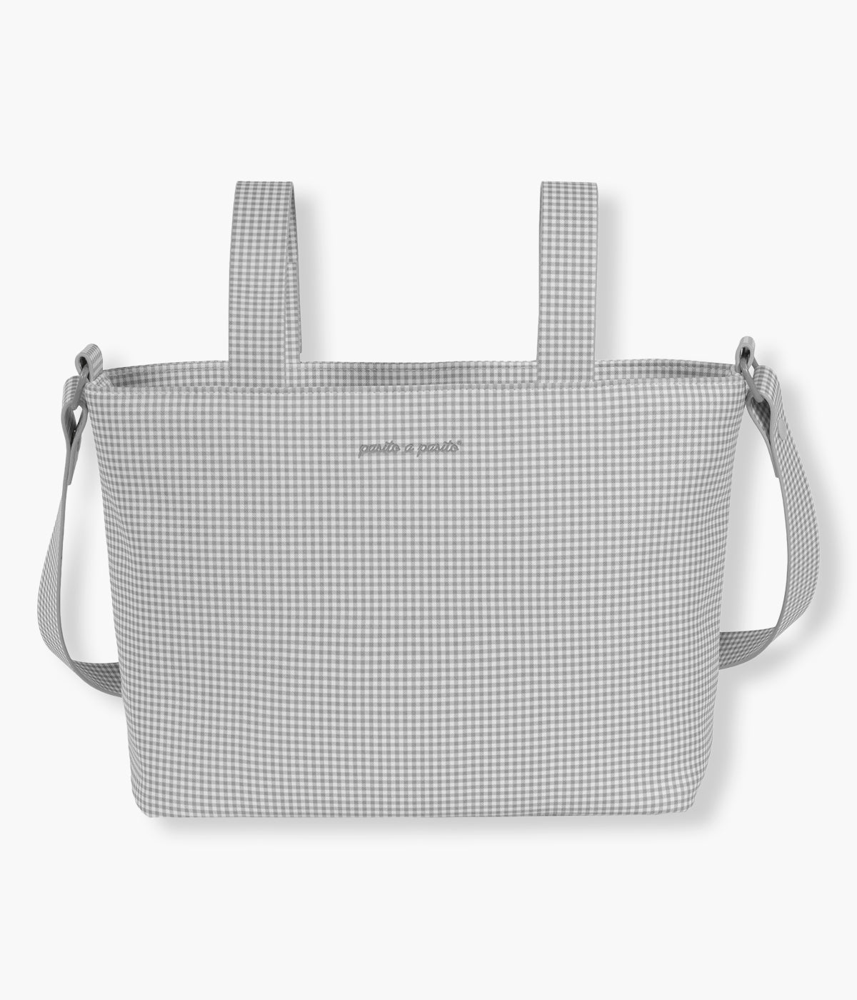 Vista de frente da bolsa de passeio Little Bloom Vichy da Pasito a Pasito. Leve, elegante e muito prática para os passeios com o bebé, esta bolsa em polipele vegana com padrão vichy, oferece grande capacidade, vários bolsos organizadores e um compartimento térmico para biberões.