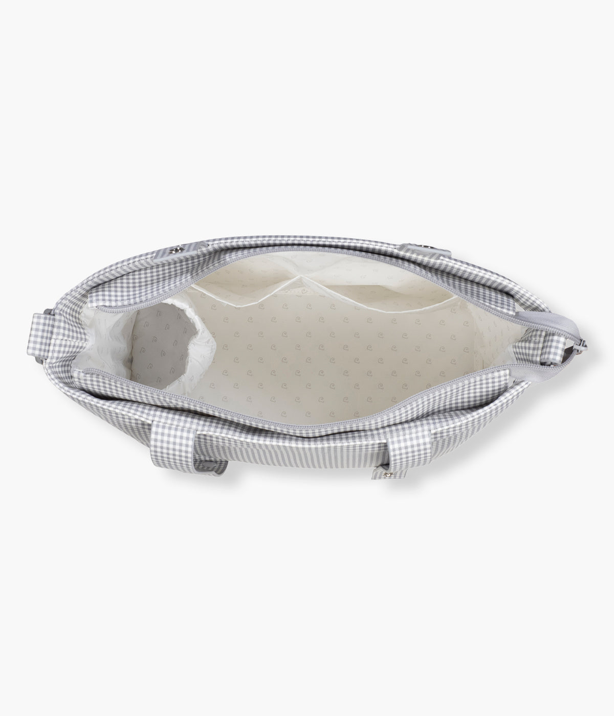 Vista interior da bolsa de passeio Little Bloom Vichy da Pasito a Pasito. Leve, elegante e muito prática para os passeios com o bebé, esta bolsa em polipele vegana com padrão vichy, oferece grande capacidade, vários bolsos organizadores e um compartimento térmico para biberões.