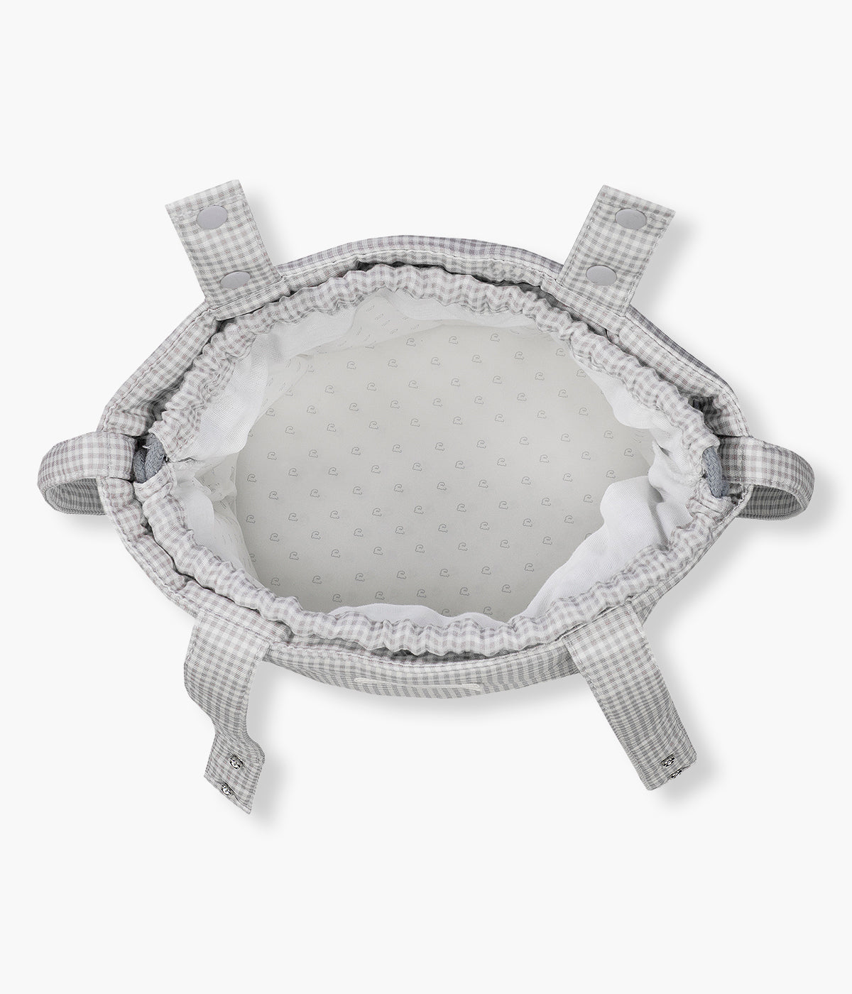 Bolsa Bucket Little Bloom Vichy da Pasito a Pasito. Prática bolsa com exterior em loneta de algodão à prova de água com um clássico padrão vichy em tons de cinza. O seu formato tipo balde maximiza o espaço interior, permitindo uma organização prática e um acesso rápido aos essenciais do(a) bebé.