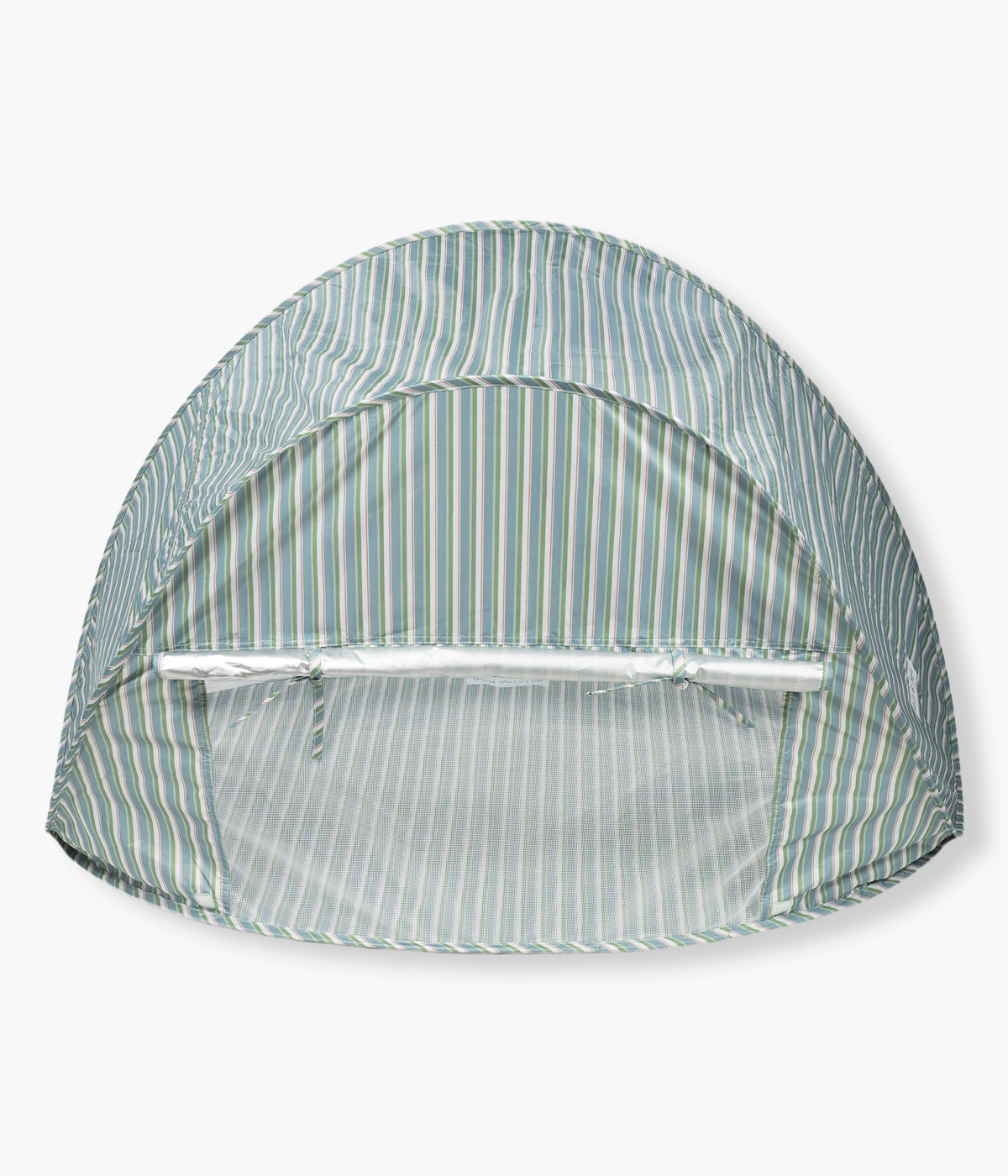 Vista traseira da tenda de praia Anti-UV para bebé Summer Strips da Walking Mum. Refúgio perfeito para proteger o bebé do sol nos momentos ao ar livre. Com proteção solar FPS/SPF 50+, mosquiteira integrada e sistema pop-up de montagem rápida, cria um espaço fresco, seguro e confortável em qualquer lugar.