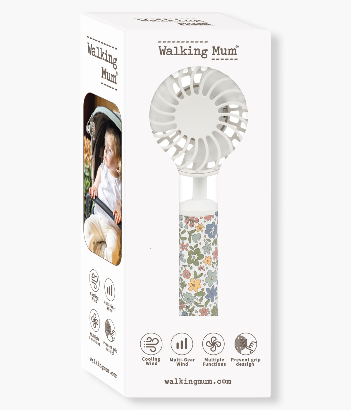 Vista da caixa da ventoinha portátil para bebé Summer Flowers da Walking Mum. Prático ventilador que ajuda a manter a bebé fresca e confortável nos dias mais quentes. Compacto, leve e com suporte flexível, fixa-se facilmente ao carrinho e oferece 3 velocidades ajustáveis para uma ventilação prática e segura.