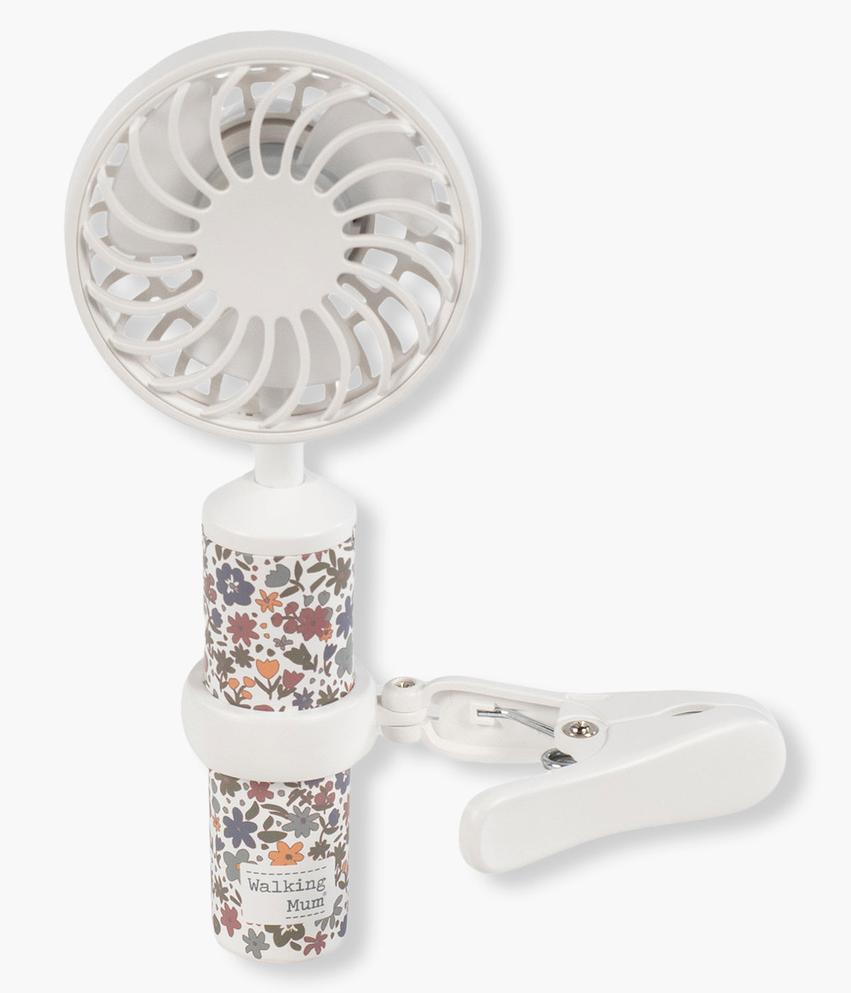 Vista de frente da ventoinha portátil para bebé Summer Flowers da Walking Mum. Prático ventilador que ajuda a manter a bebé fresca e confortável nos dias mais quentes. Compacto, leve e com suporte flexível, fixa-se facilmente ao carrinho e oferece 3 velocidades ajustáveis para uma ventilação prática e segura.
