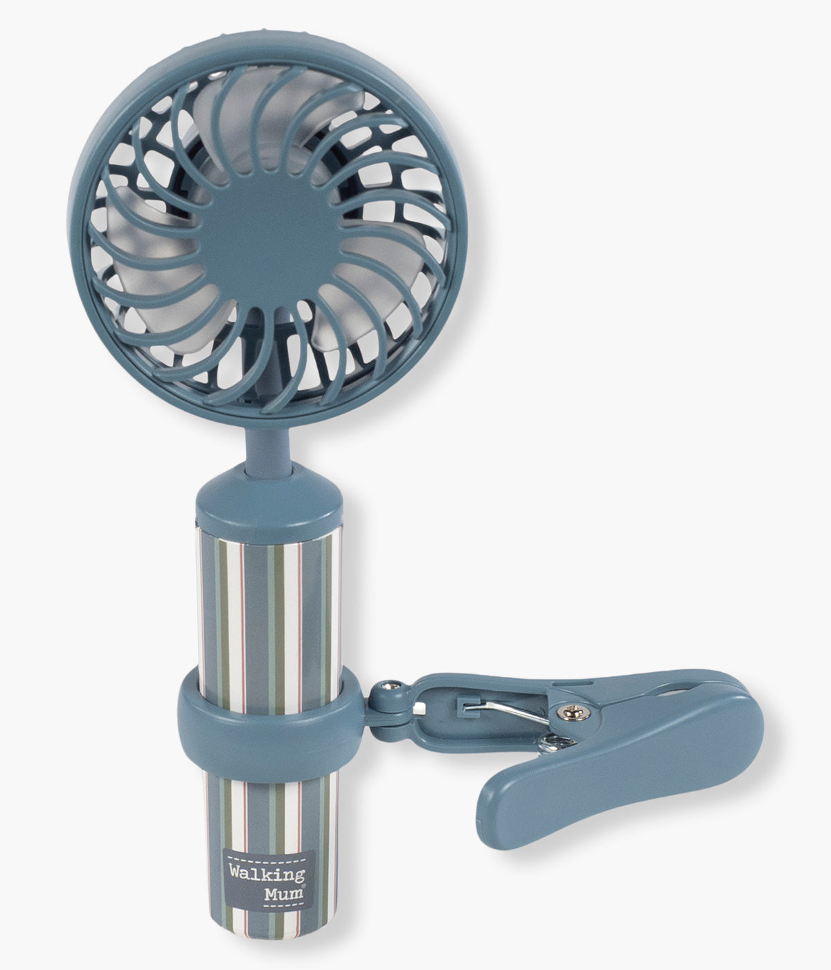 Vista frontal da ventoinha portátil para bebé Summer Strips da Walking Mum. Prático ventilador que ajuda a manter o bebé fresco e confortável nos dias mais quentes. Compacto, leve e com suporte flexível, fixa-se facilmente ao carrinho e oferece 3 velocidades ajustáveis para uma ventilação prática e segura.
