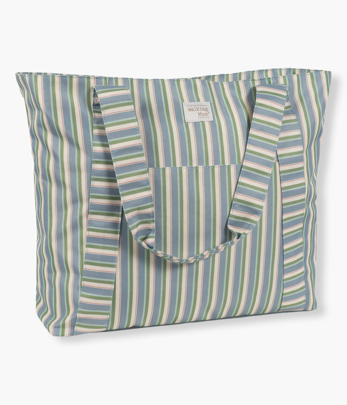 Vista de frente da bolsa da praia Strips da Walking Mum para bebé. Prática bolsa com padrão riscas ideal para os dias de praia, piscina ou passeios em família. Leve e resistente, oferece grande capacidade de arrumação e uma base em rede pensada para evitar a acumulação de areia no interior.
