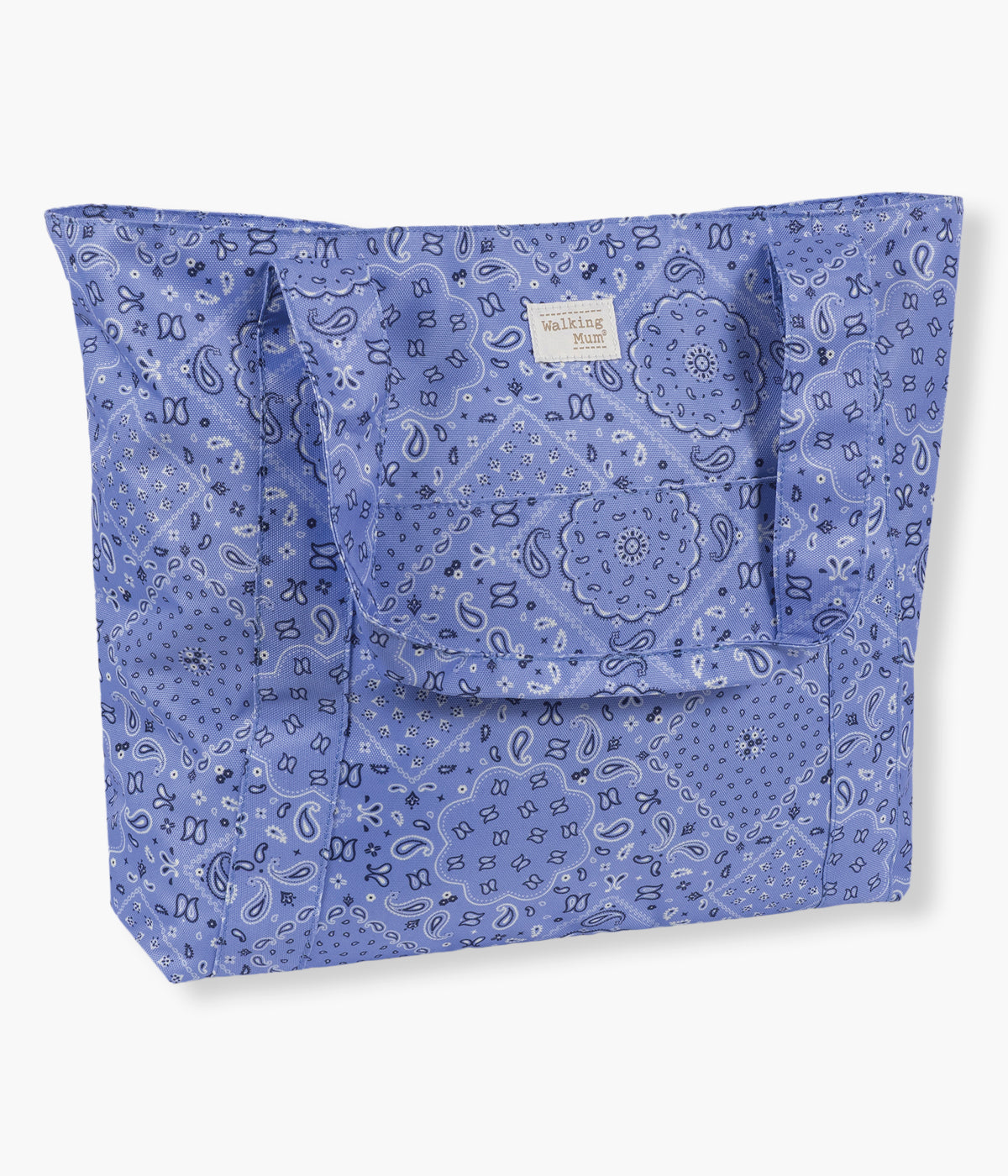Vista lateral da bolsa para a praia Bandana da Walking Mum para bebé. Prática bolsa ideal para os dias de praia, piscina ou passeios em família. Leve e resistente, oferece grande capacidade de arrumação e uma base em rede pensada para evitar a acumulação de areia no interior.
