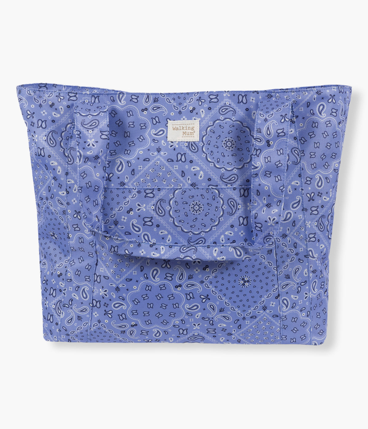 Vista de frente da bolsa para a praia Bandana da Walking Mum para bebé. Prática bolsa ideal para os dias de praia, piscina ou passeios em família. Leve e resistente, oferece grande capacidade de arrumação e uma base em rede pensada para evitar a acumulação de areia no interior.