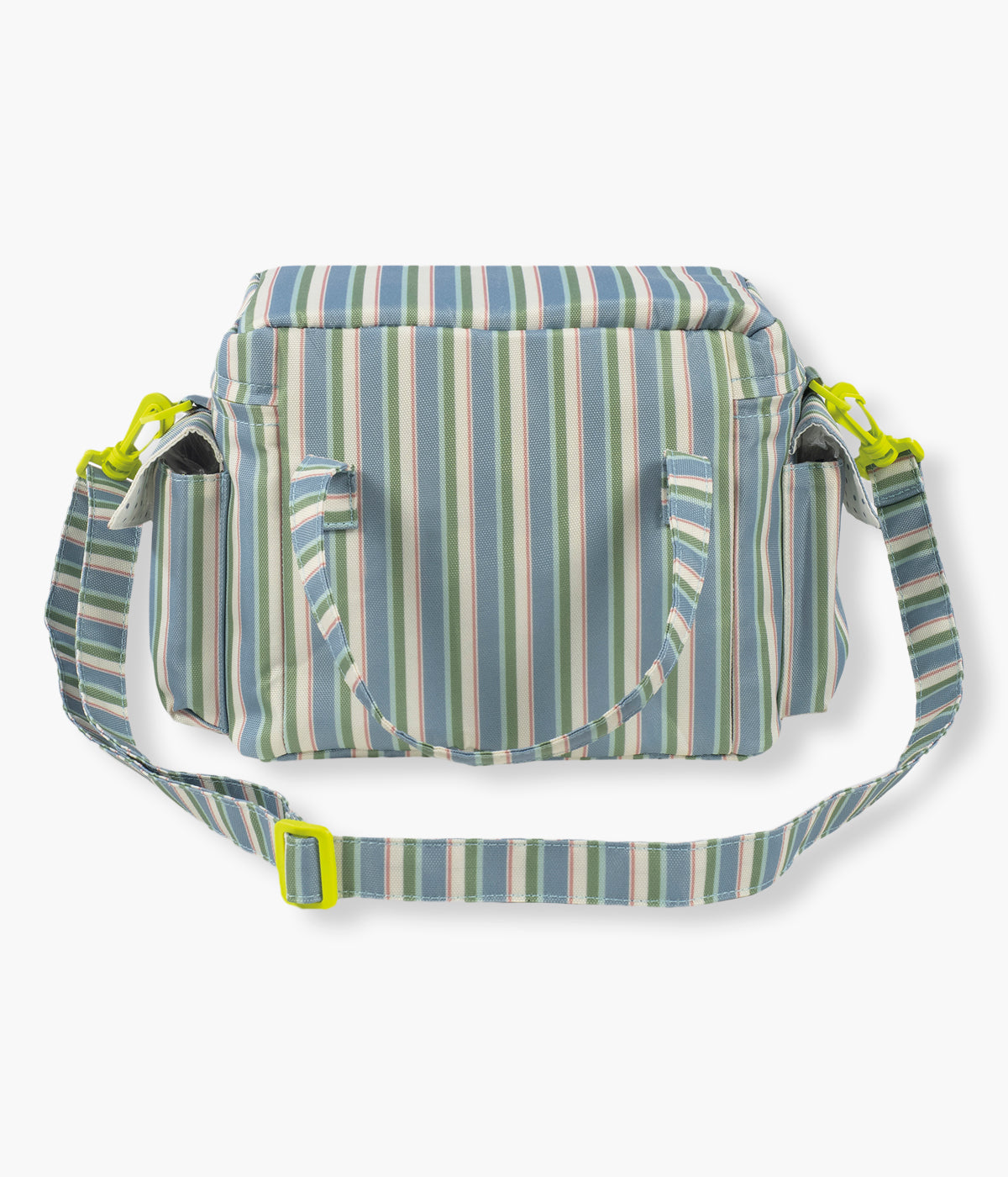 Vista de trás da bolsa térmica Summer Strips da Walking Mum. Perfeita para manter bebidas, snacks e refeições à temperatura ideal durante passeios, dias de praia ou viagens em família. Compacta, prática e com um padrão riscas, esta bolsa combina funcionalidade e estilo num só acessório.