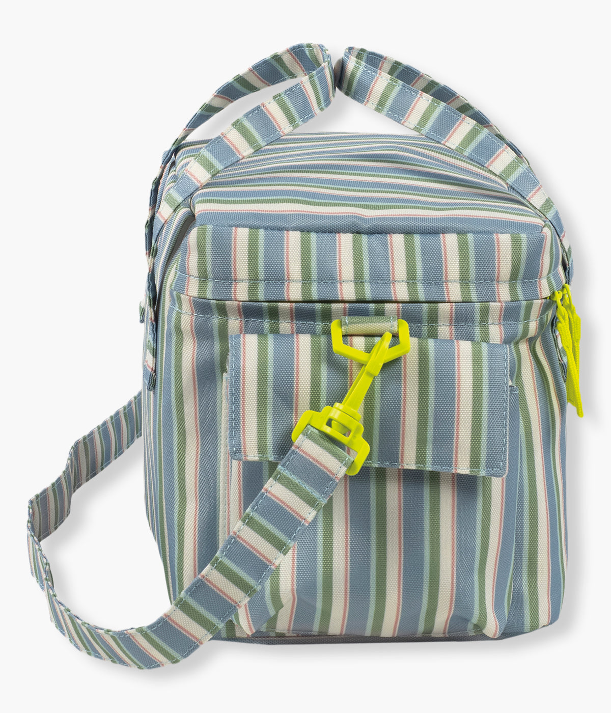 Vista lateral da bolsa térmica Summer Strips da Walking Mum. Perfeita para manter bebidas, snacks e refeições à temperatura ideal durante passeios, dias de praia ou viagens em família. Compacta, prática e com um padrão riscas, esta bolsa combina funcionalidade e estilo num só acessório.