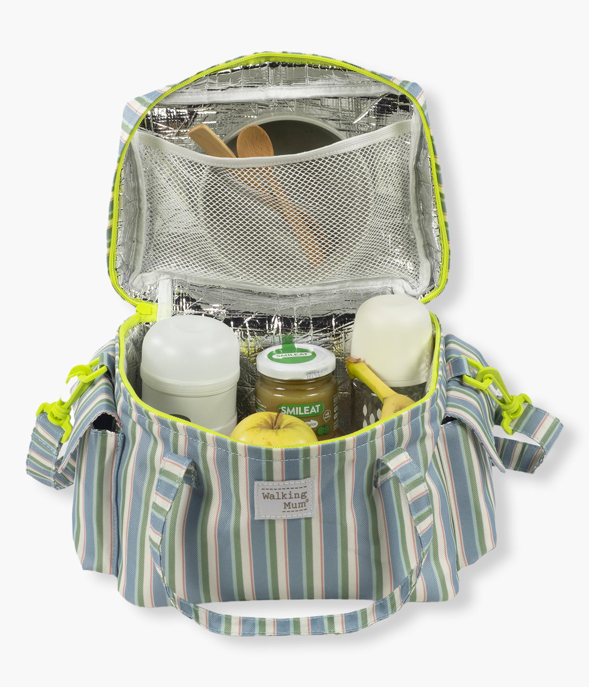 Vista de frente e aberta da bolsa térmica Summer Strips da Walking Mum. Perfeita para manter bebidas, snacks e refeições à temperatura ideal durante passeios, dias de praia ou viagens em família. Compacta, prática e com um padrão riscas, esta bolsa combina funcionalidade e estilo num só acessório.