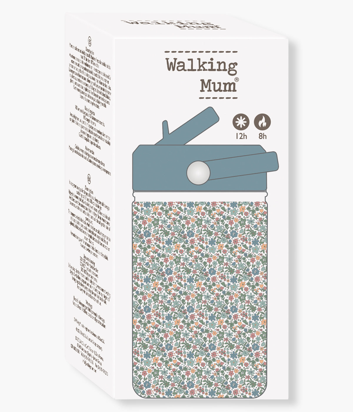 Vista da caixa da garrafa térmica Summer Flowers da Walking Mum. Prática garrafa com capacidade para 350ml, perfeita para manter as bebidas da bebé à temperatura ideal durante passeios, dias de praia ou aventuras em família. Leve, prática e com um padrão floral, combina funcionalidade, segurança e estilo.