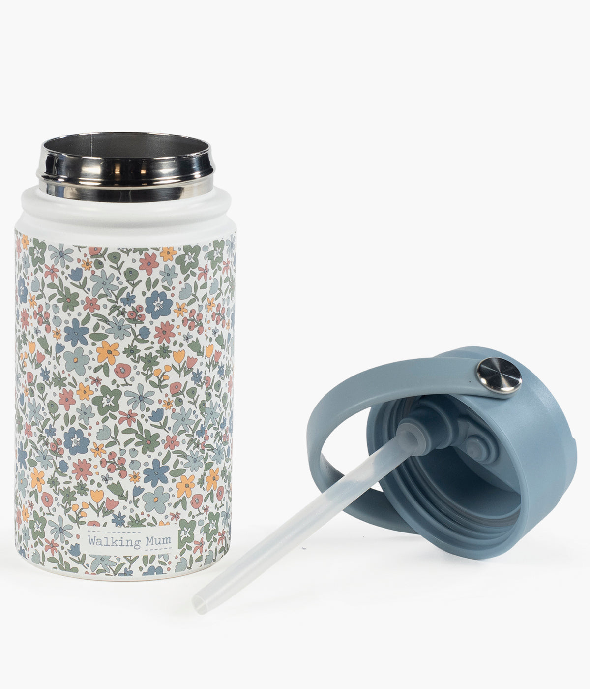 Vista dos componentes da garrafa térmica Summer Flowers da Walking Mum. Prática garrafa com capacidade para 350ml, perfeita para manter as bebidas da bebé à temperatura ideal durante passeios, dias de praia ou aventuras em família. Leve, prática e com um padrão floral, combina funcionalidade, segurança e estilo.