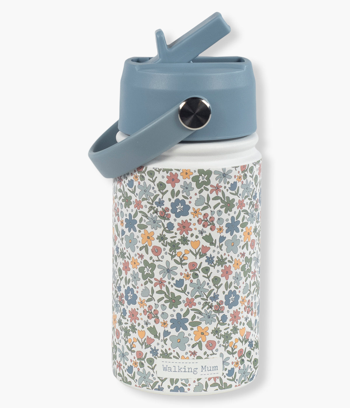 Vista de frente da garrafa térmica Summer Flowers da Walking Mum. Prática garrafa com capacidade para 350ml, perfeita para manter as bebidas da bebé à temperatura ideal durante passeios, dias de praia ou aventuras em família. Leve, prática e com um padrão floral, combina funcionalidade, segurança e estilo.