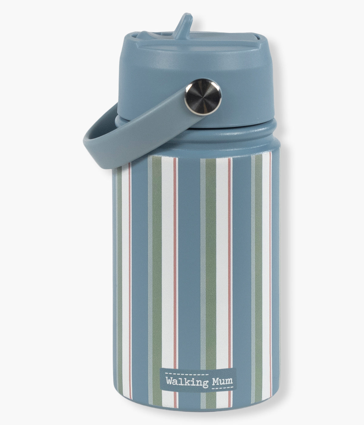 Vista de frente da garrafa térmica Summer Strips da Walking Mum. Prática garrafa com capacidade para 350ml, perfeita para manter as bebidas do seu bebé à temperatura ideal durante passeios, dias de praia ou aventuras em família. Leve, prática e com um padrão riscas, combina funcionalidade, segurança e estilo.