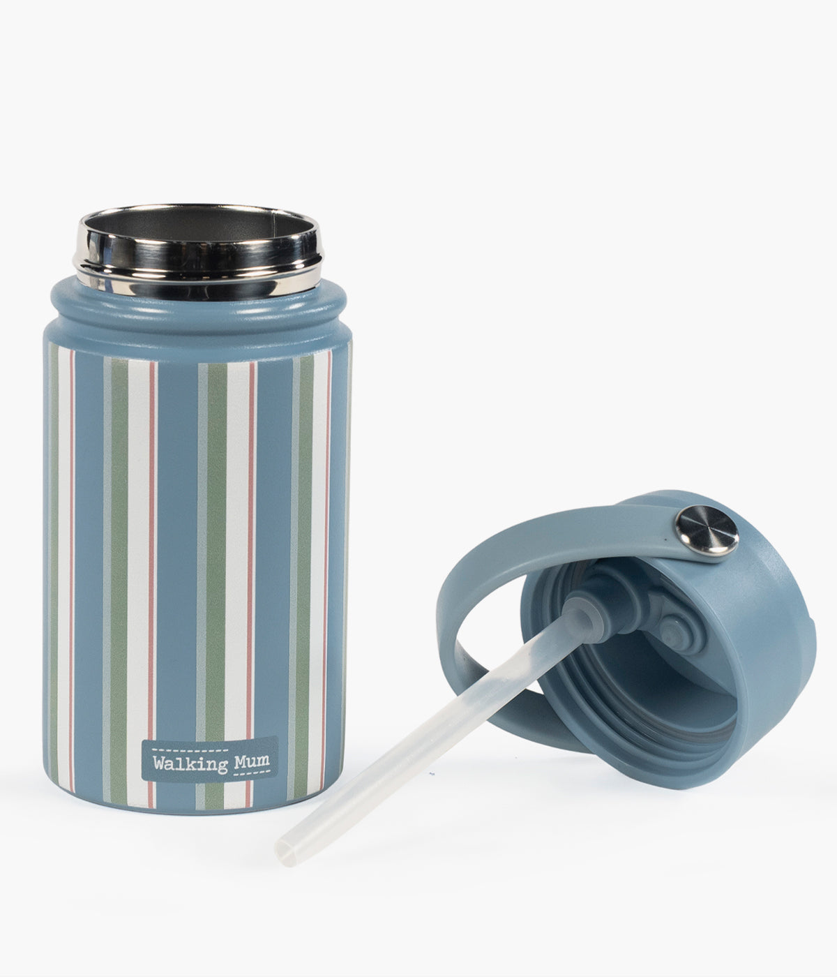 Vista aberta da garrafa térmica Summer Strips da Walking Mum. Prática garrafa com capacidade para 350ml, perfeita para manter as bebidas do seu bebé à temperatura ideal durante passeios, dias de praia ou aventuras em família. Leve, prática e com um padrão riscas, combina funcionalidade, segurança e estilo.