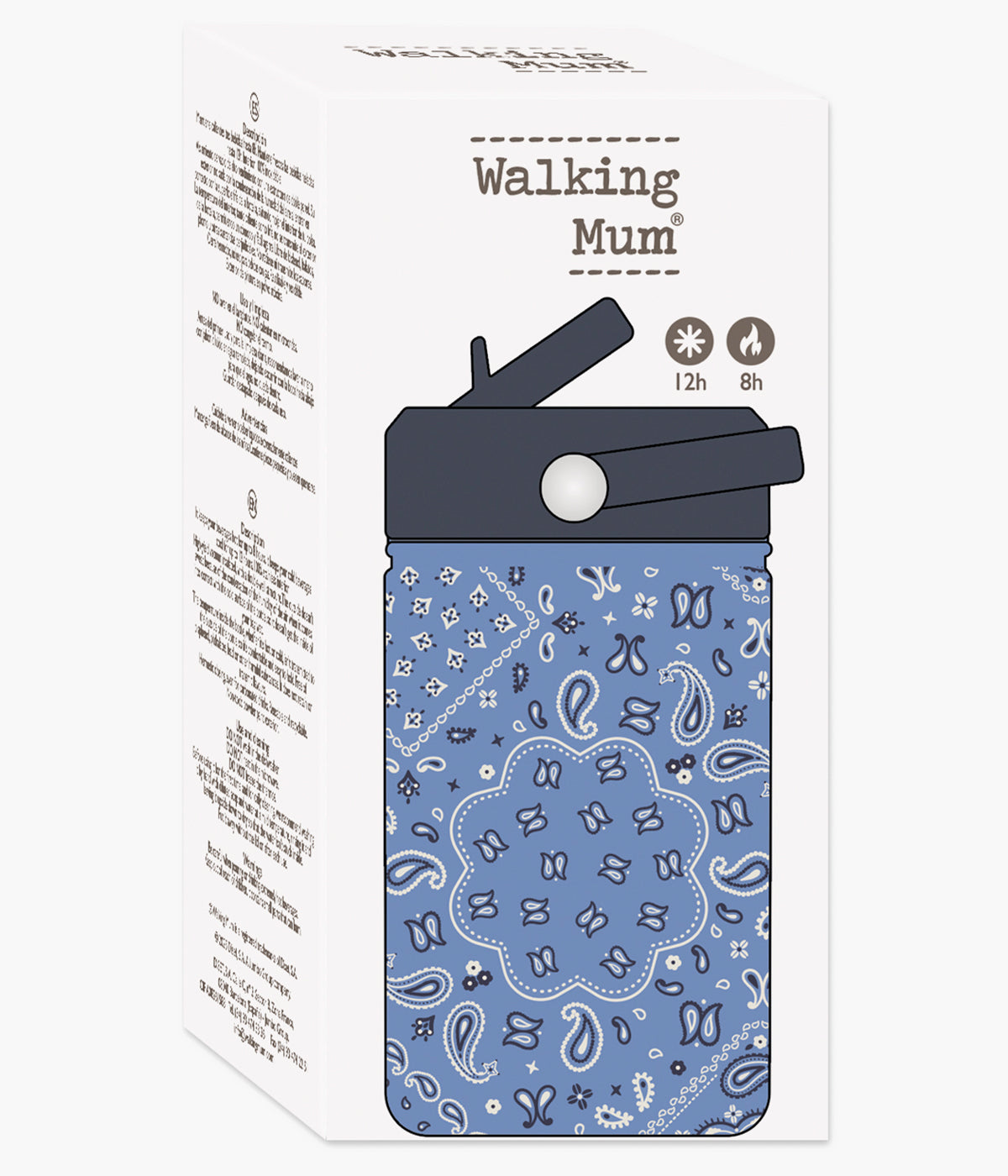 Vista da caixa da garrafa térmica Summer Bandana da Walking Mum. Prática garrafa com capacidade para 350ml, perfeita para manter as bebidas do seu bebé à temperatura ideal durante passeios, dias de praia ou aventuras em família.