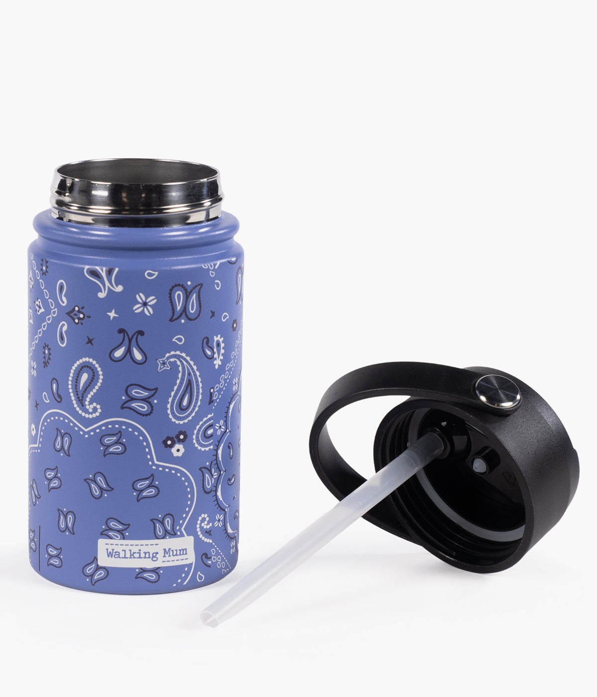 Vista dos componentes da garrafa térmica Summer Bandana da Walking Mum. Prática garrafa com capacidade para 350ml, perfeita para manter as bebidas do seu bebé à temperatura ideal durante passeios, dias de praia ou aventuras em família.