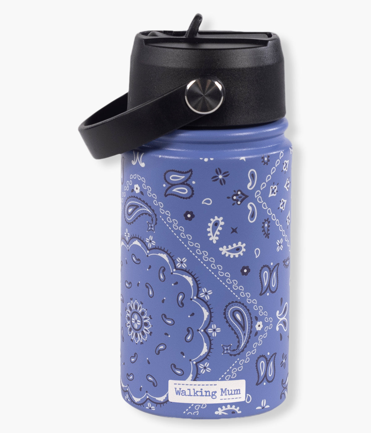 Vista de frente da garrafa térmica Summer Bandana da Walking Mum. Prática garrafa com capacidade para 350ml, perfeita para manter as bebidas do seu bebé à temperatura ideal durante passeios, dias de praia ou aventuras em família.