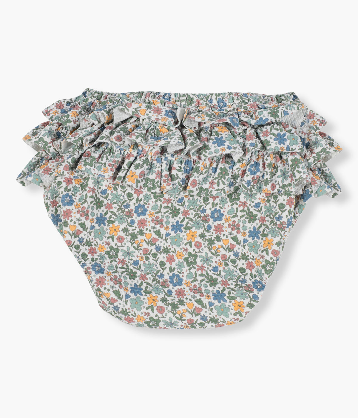 Vista de trás da cueca de banho anti-UV para bebé Summer Flowers da Walking Mum. Prática cueca com padrão floral que permite à bebé aproveitar a praia e a piscina com conforto, proteção e segurança. Com proteção solar FPS/SPF 50+ e sistema anti-fugas integrado, é perfeito para mergulhos no verão.