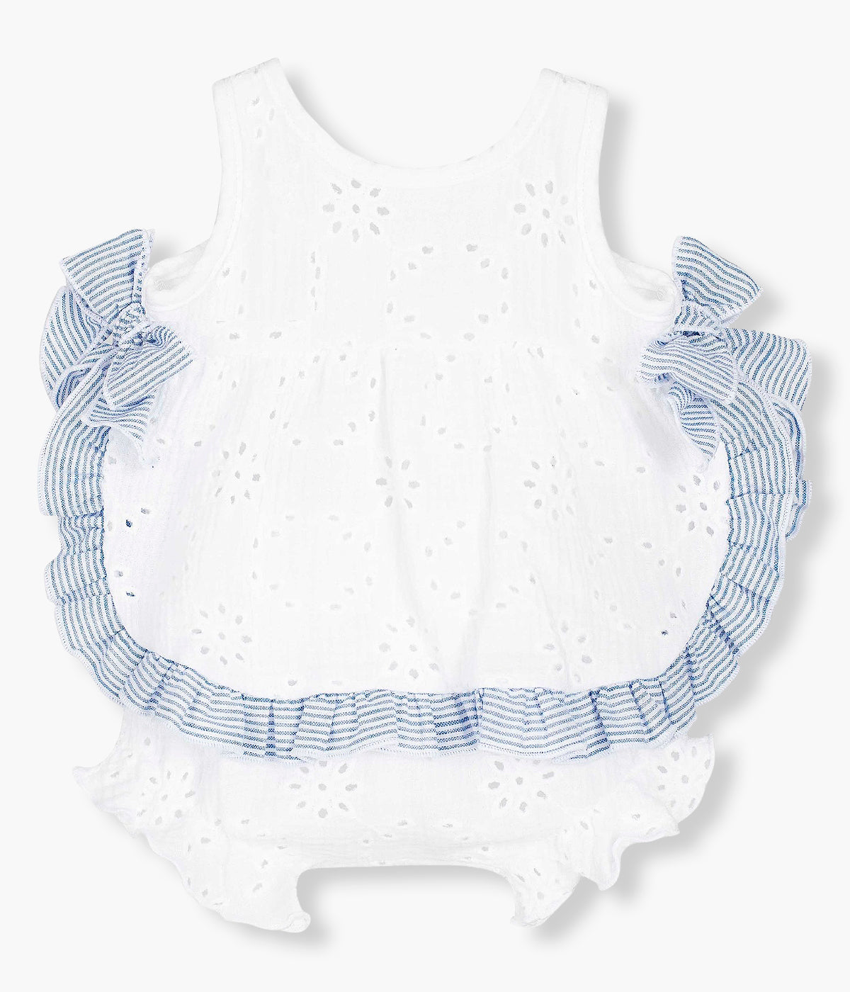 Vestido e tapa fraldas para bebé menina e recém-nascida, 100% algodão. Vestido em tecido de bordado inglês com laços nas laterais e folho nos contornos com padrão riscas azuis e brancas. Tapa fraldas a combinar com o vestido.
