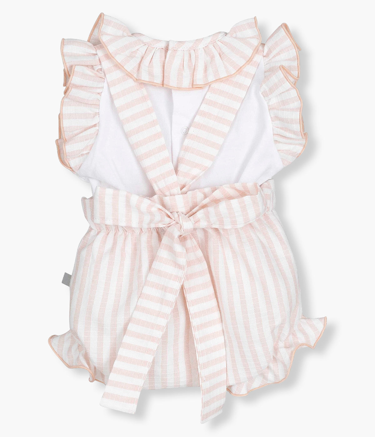 Vista de costas do conjunto da Calamaro Baby para bebé menina e recém‑nascida composto por blusa e tapa fraldas. Blusa em algodão com gola e ombros com folho com padrão riscas nude e branco. Tapa fraldas de alças com laço nas costas com padrão a combinar com a camisola.