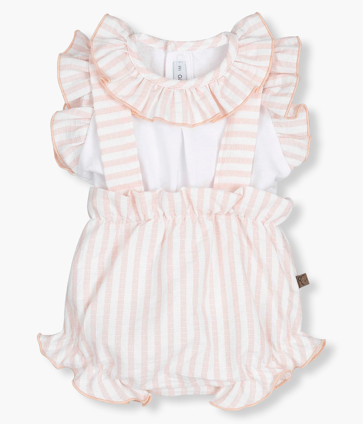 Vista de frente do conjunto da Calamaro Baby para bebé menina e recém‑nascida composto por blusa e tapa fraldas. Blusa em algodão com gola e ombros com folho com padrão riscas nude e branco. Tapa fraldas de alças com laço nas costas com padrão a combinar com a camisola.