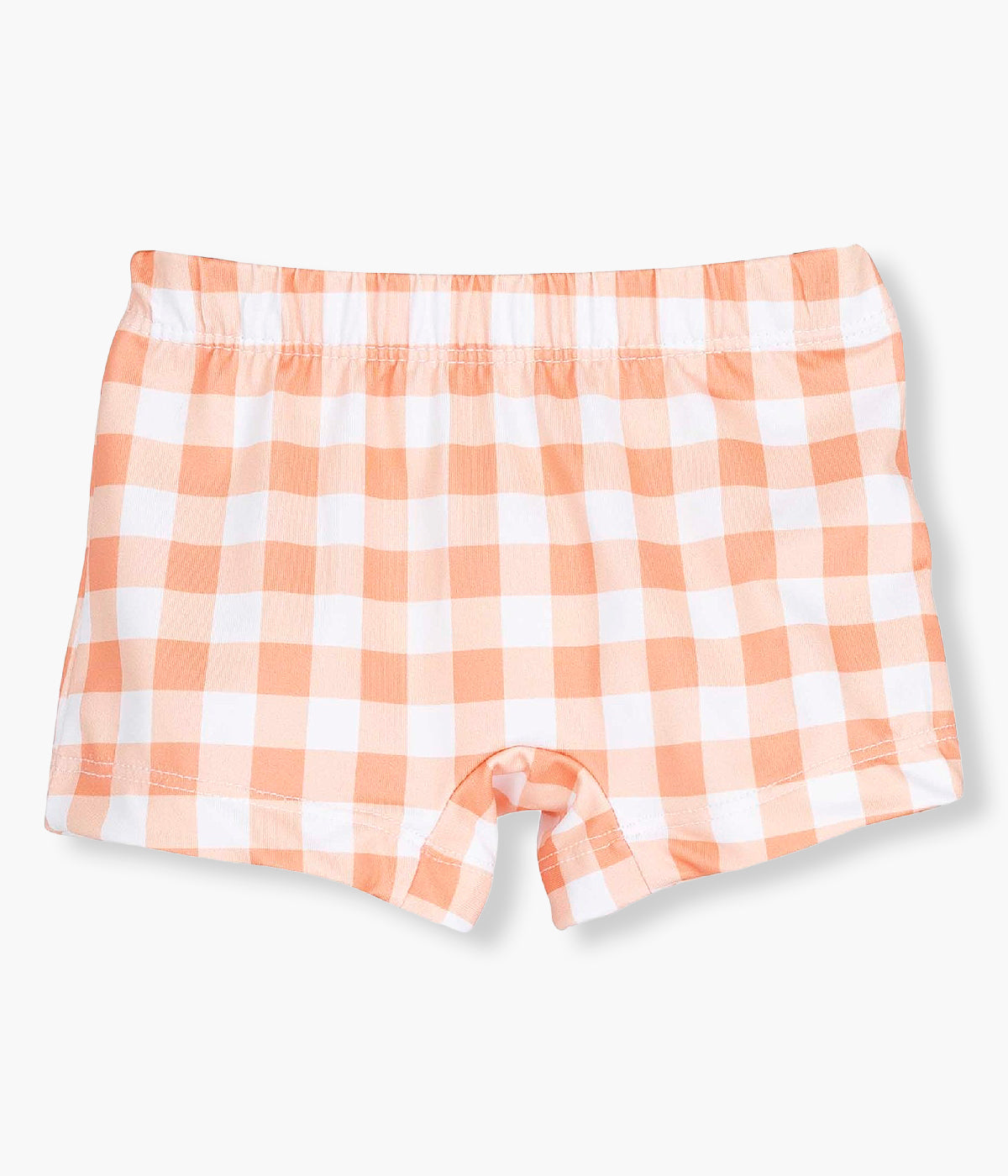 Vista frontal do calção de banho da Calamaro Baby para bebé menino e recém‑nascido. Prático calção de banho com padrão vichy em tons de laranja e branco.