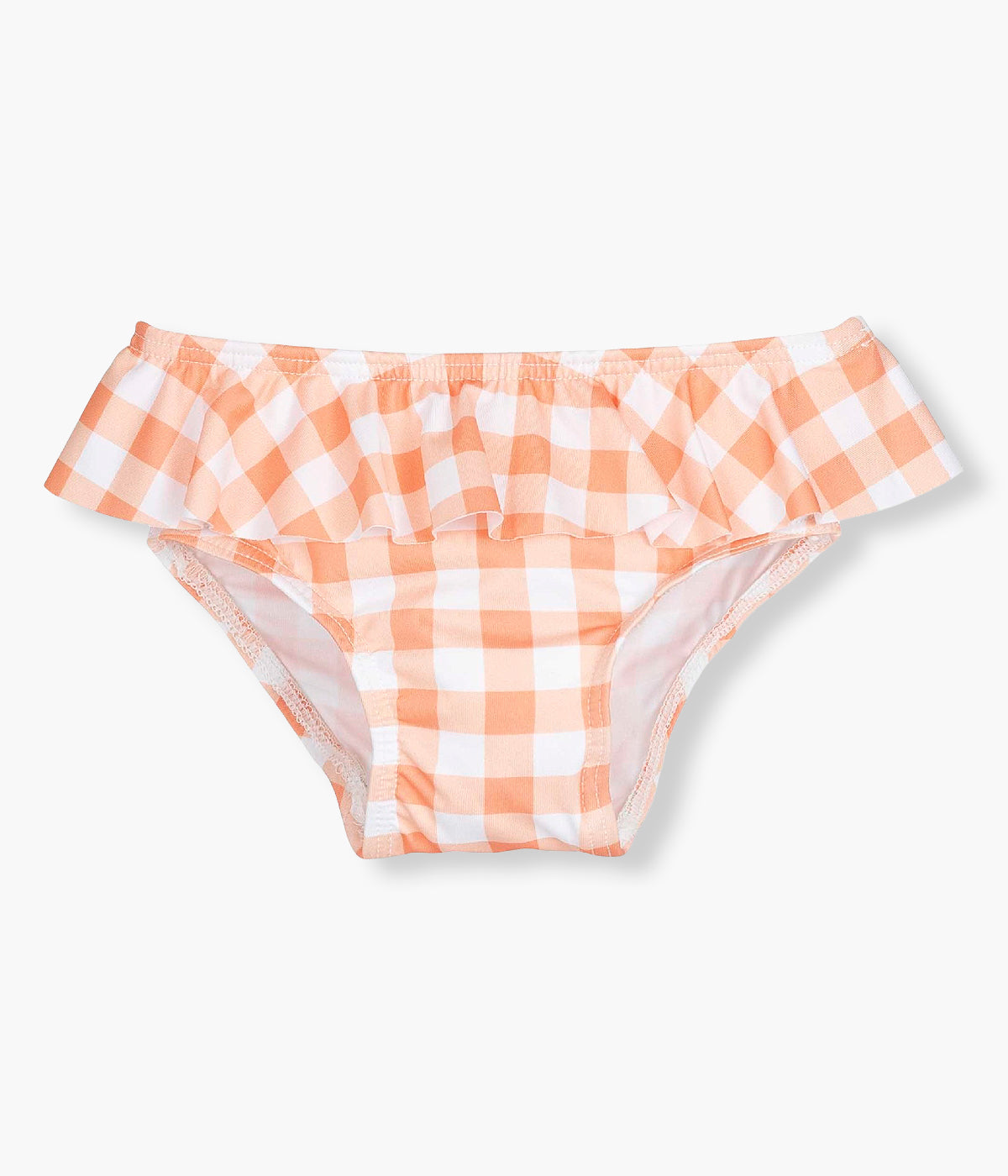 Vista frontal da cueca de banho da Calamaro Baby para bebé menina e recém‑nascida. Prática cueca de banho com padrão vichy em tons de laranja e branco.