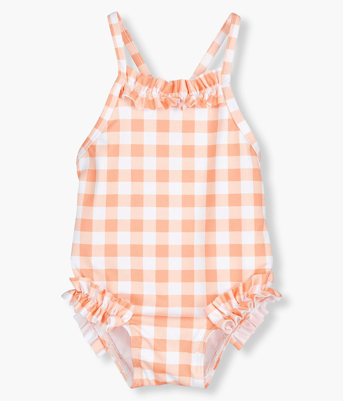 Vista de frente do fato de banho da Calamaro Baby para bebé menina e recém‑nascida. Elegante fato de banho com padrão vichy laranja e branco com folho nos contornos e laço nas costas.