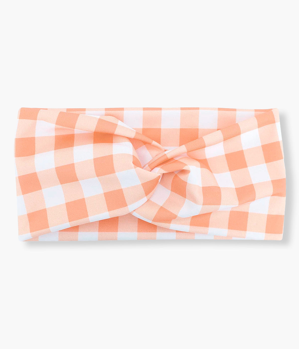 Vista de frente turbante de banho da Calamaro Baby para bebé menina e recém‑nascida. Elegante turbante adequado para praia ou piscina com padrão de vichy.