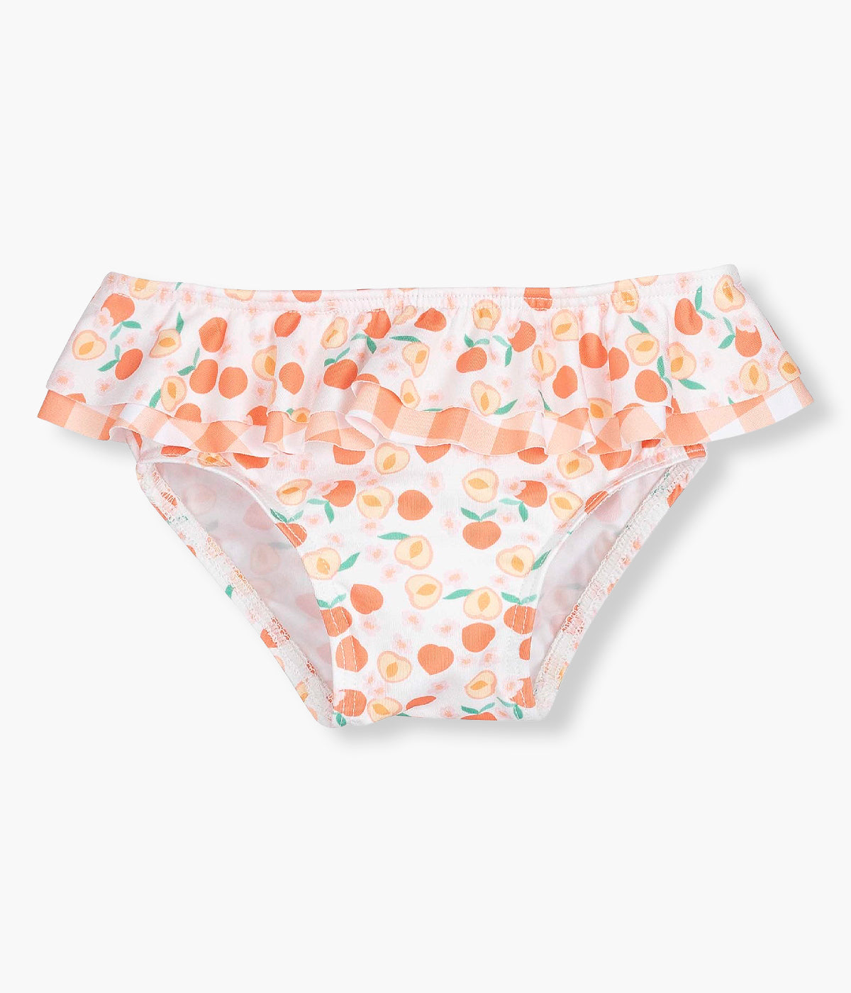 Vista de frente da cueca de banho da Calamaro Baby para bebé menina e recém‑nascida. Divertida cueca de banho com padrão frutas e folho com padrão vichy.
