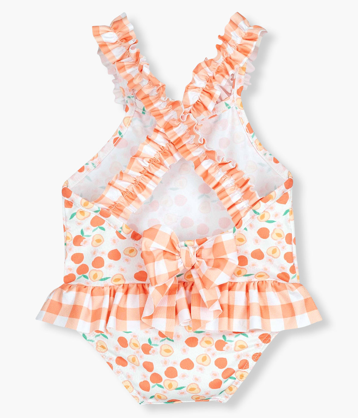 Vista de costas do fato de banho da Calamaro Baby para bebé menina e recém‑nascida. Elegante fato de banho de padrão frutas com folho nos contornos e laço nas costas com padrão vichy..